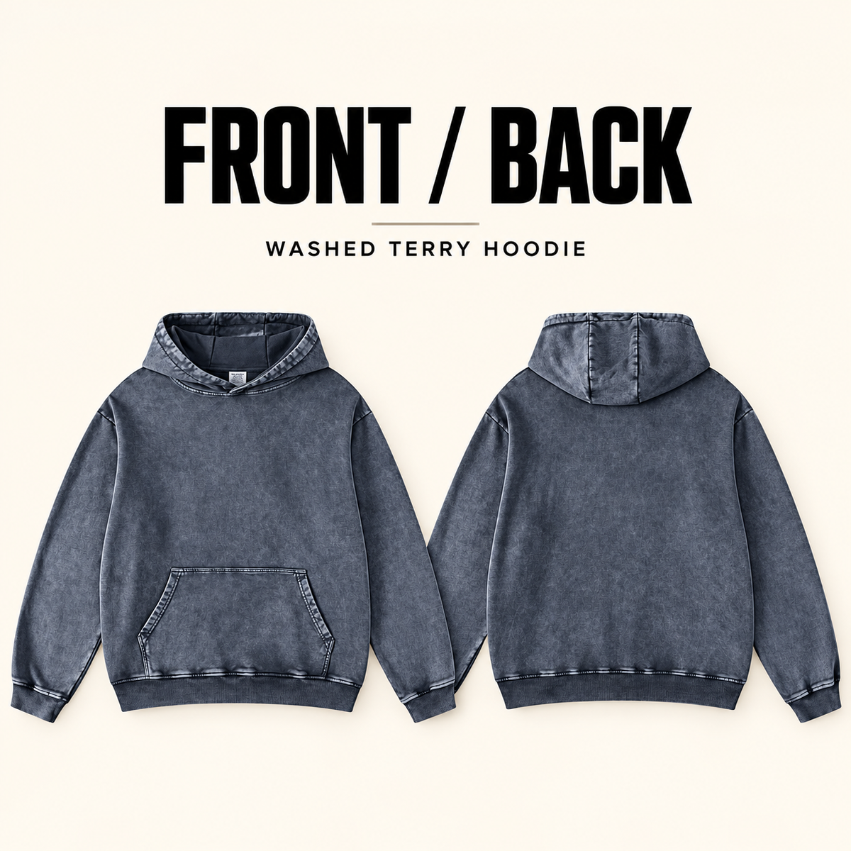 A1120 washed cotton french terry hoodie, front and back garment construction