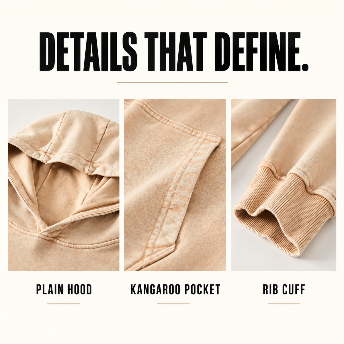A1120 washed cotton french terry hoodie, close-up construction details