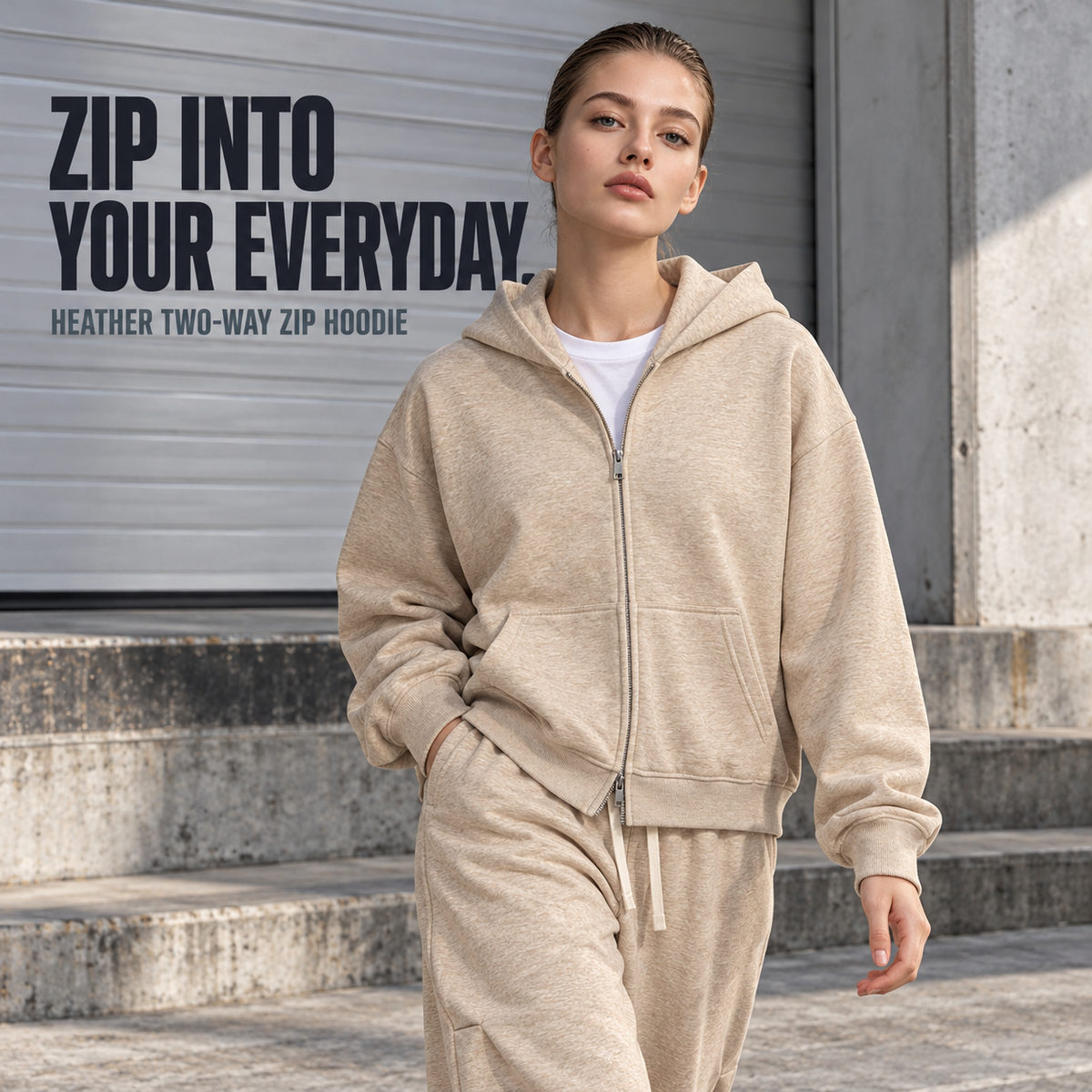 A11262 Haze Gold heather two-way zip hoodie, alternate styling view
