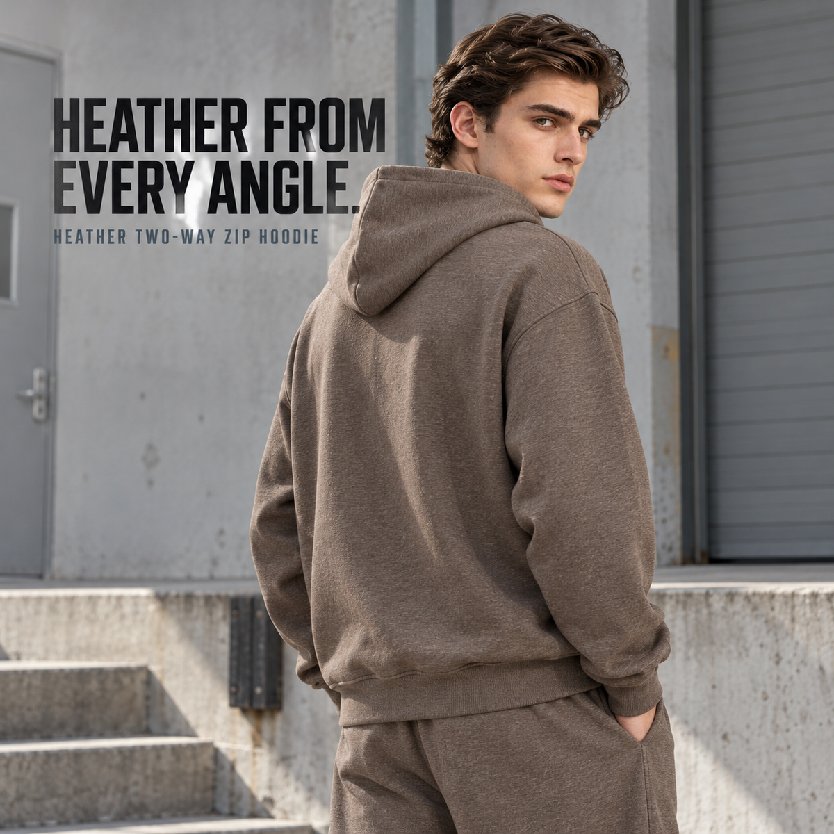 A11262 Brown heather two-way zip hoodie, rear or three-quarter styling view