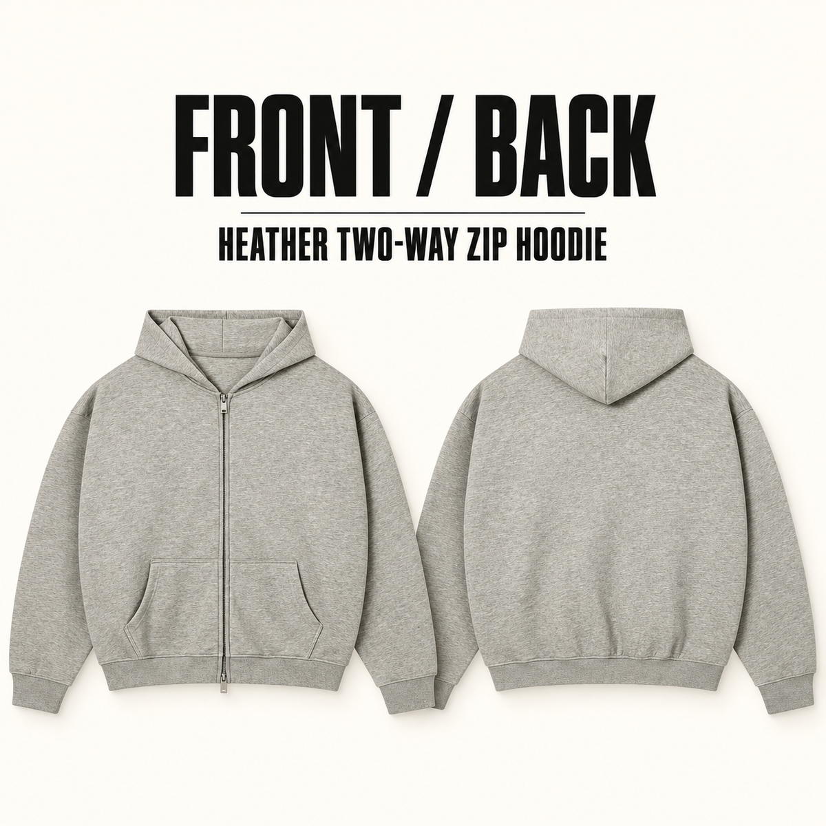 A11262 heather two-way zip hoodie, front and back garment construction