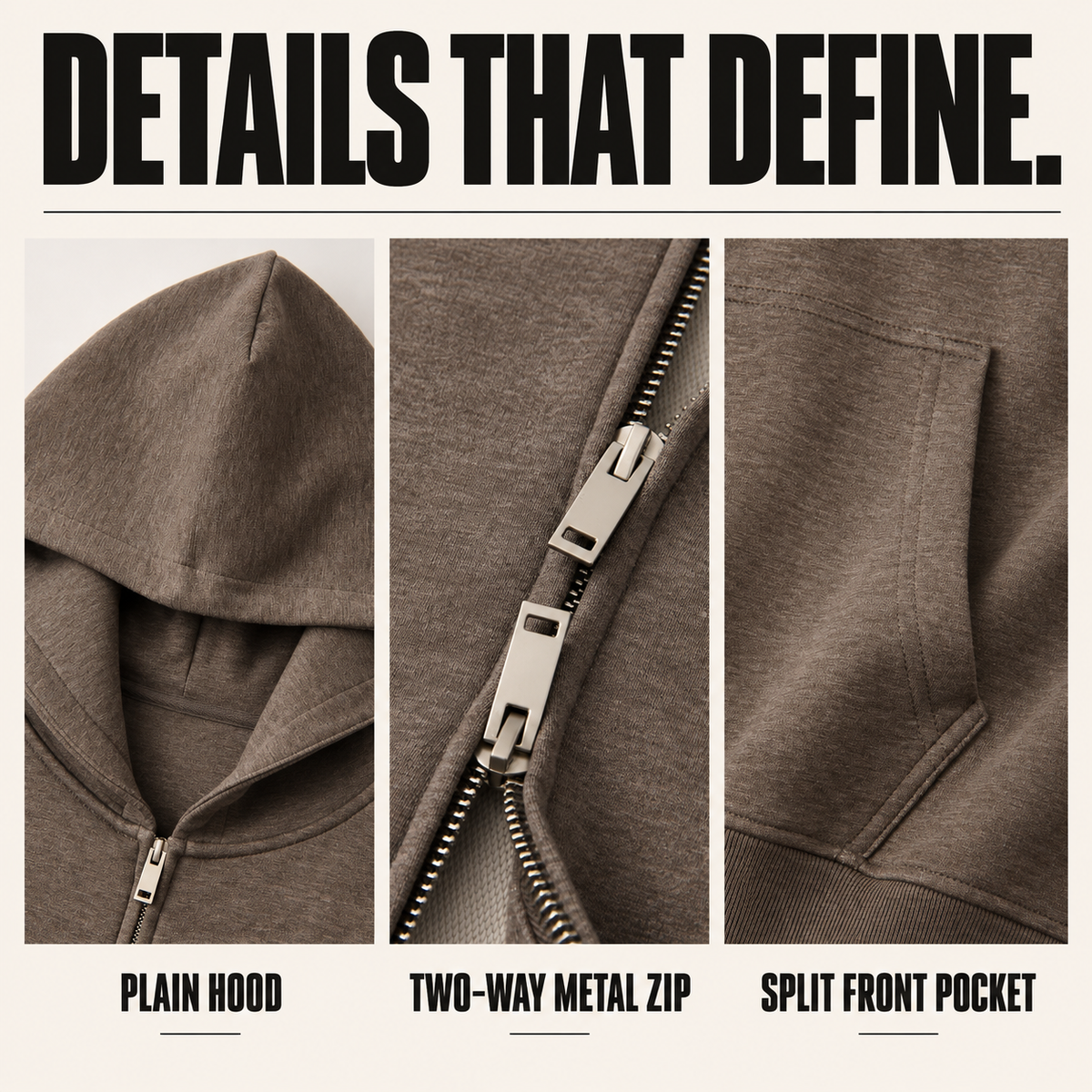 A11262 heather two-way zip hoodie, close-up construction details