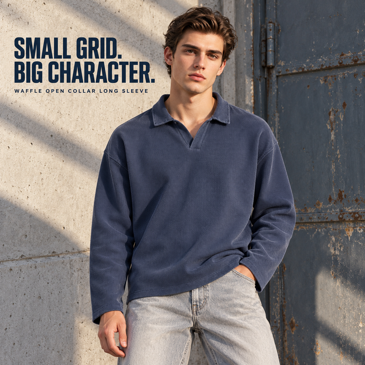 A11362 Washed Navy relaxed waffle open-collar polo shirt, front styling view