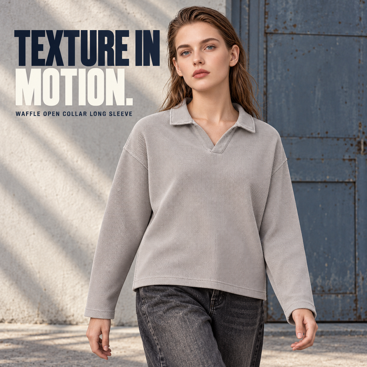 A11362 Light Grey relaxed waffle open-collar polo shirt, alternate styling view