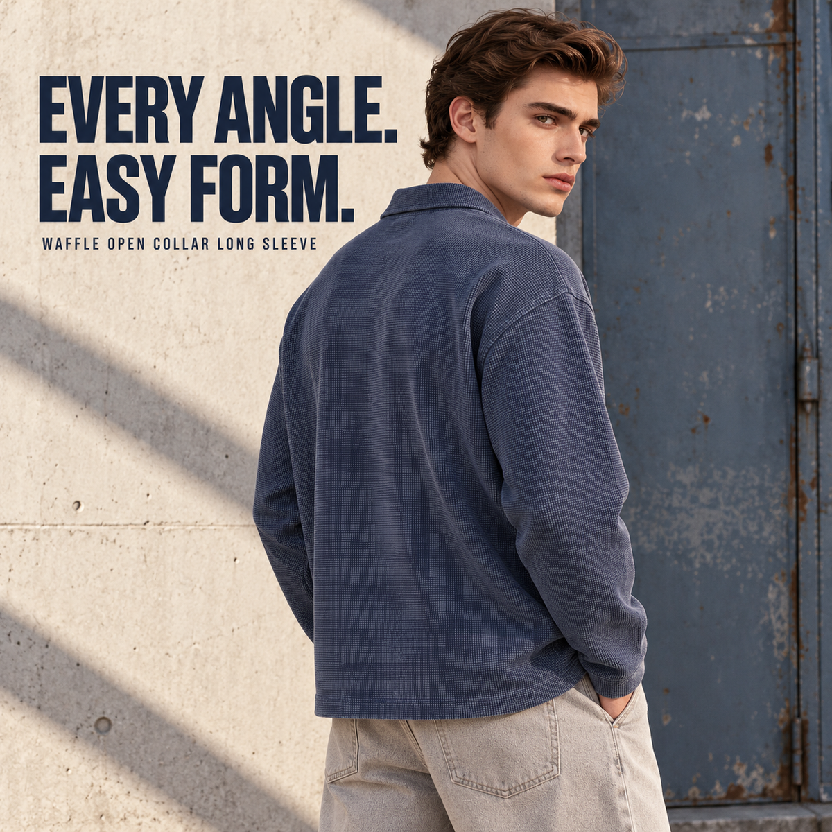 A11362 Washed Navy relaxed waffle open-collar polo shirt, rear or three-quarter styling view