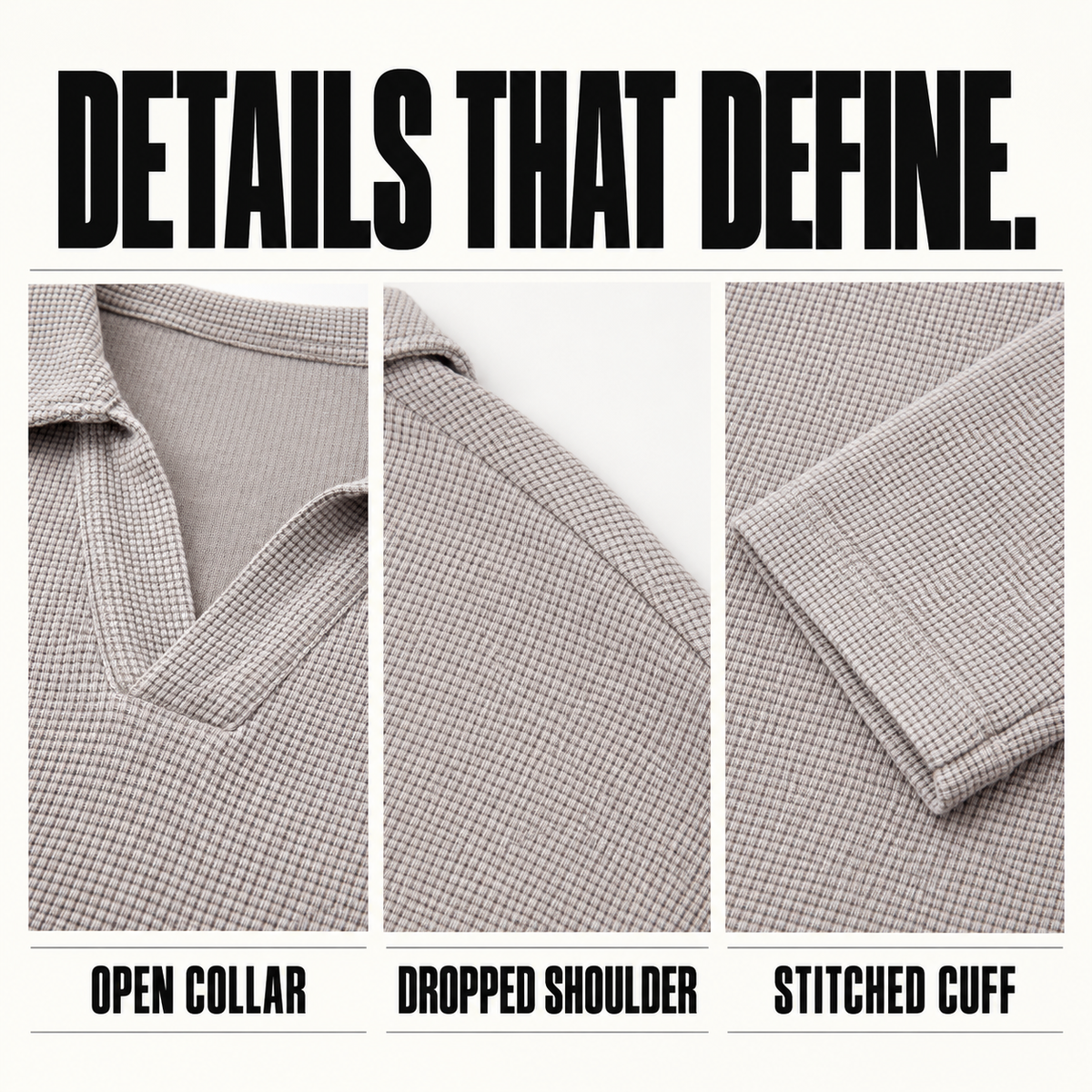 A11362 relaxed waffle open-collar polo shirt, close-up construction details