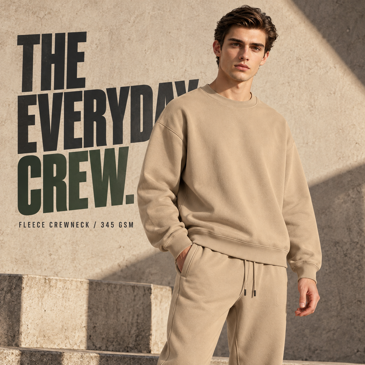 A1152 Khaki oversized fleece crewneck sweatshirt, front styling view