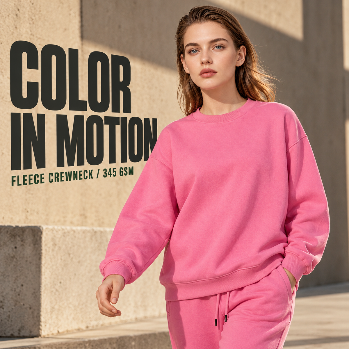 A1152 Rose Pink oversized fleece crewneck sweatshirt, alternate styling view