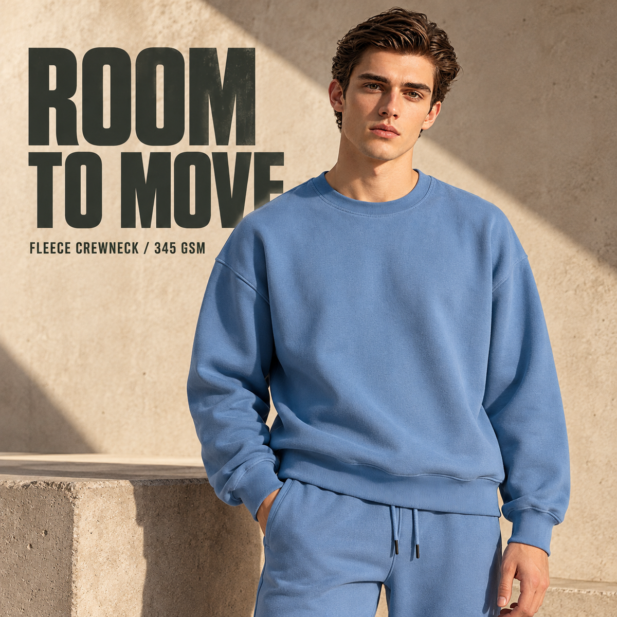 A1152 Medium Blue oversized fleece crewneck sweatshirt, rear or three-quarter styling view