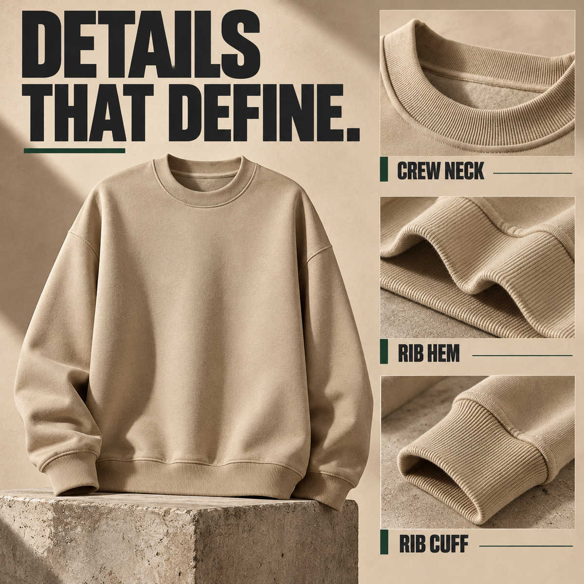 A1152 oversized fleece crewneck sweatshirt, close-up construction details