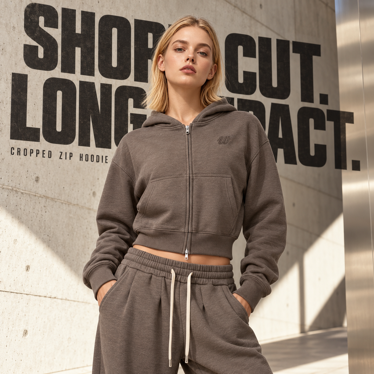A1168 Taupe Brown women's cropped heather two-way zip hoodie, front styling view