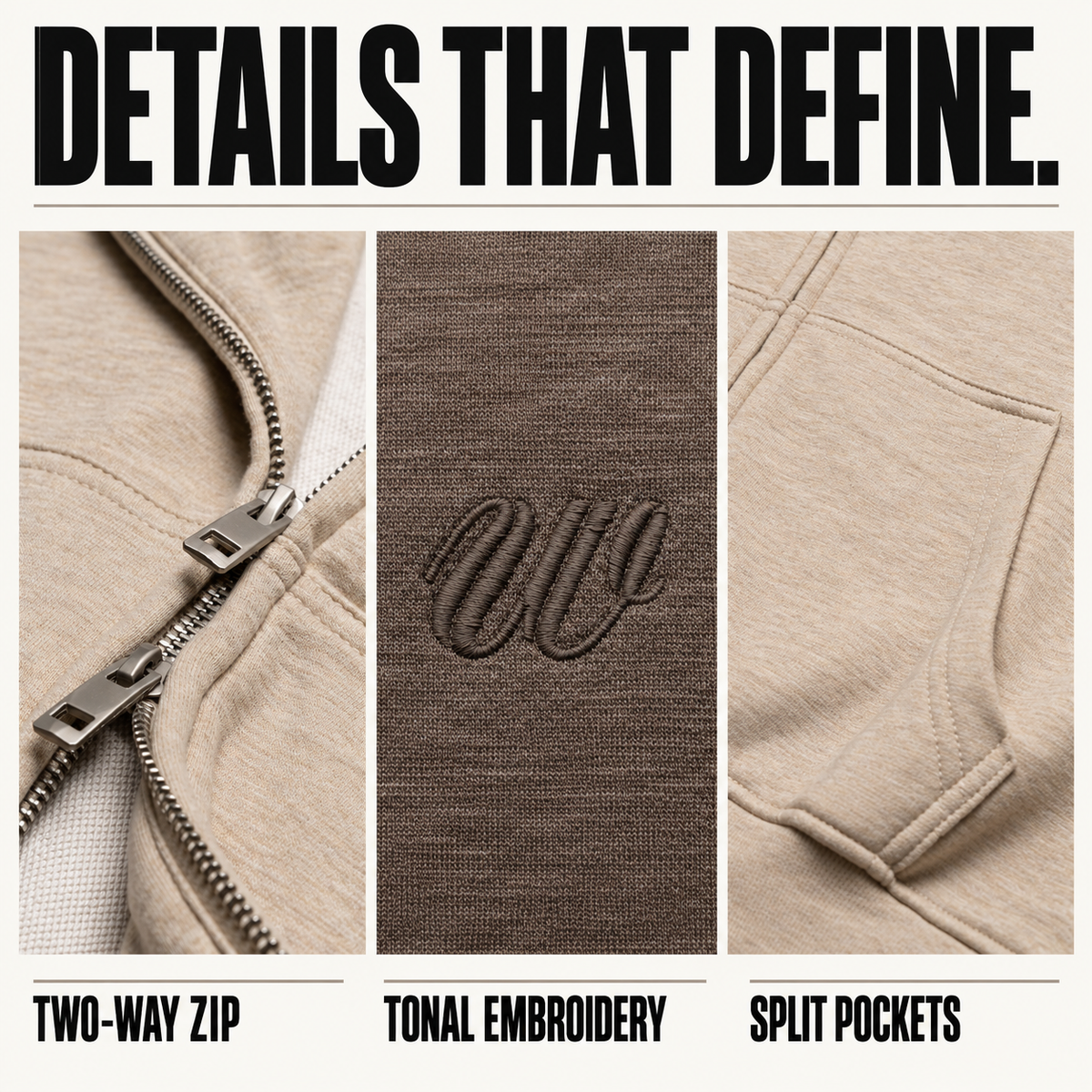 A1168 women's cropped heather two-way zip hoodie, close-up construction details