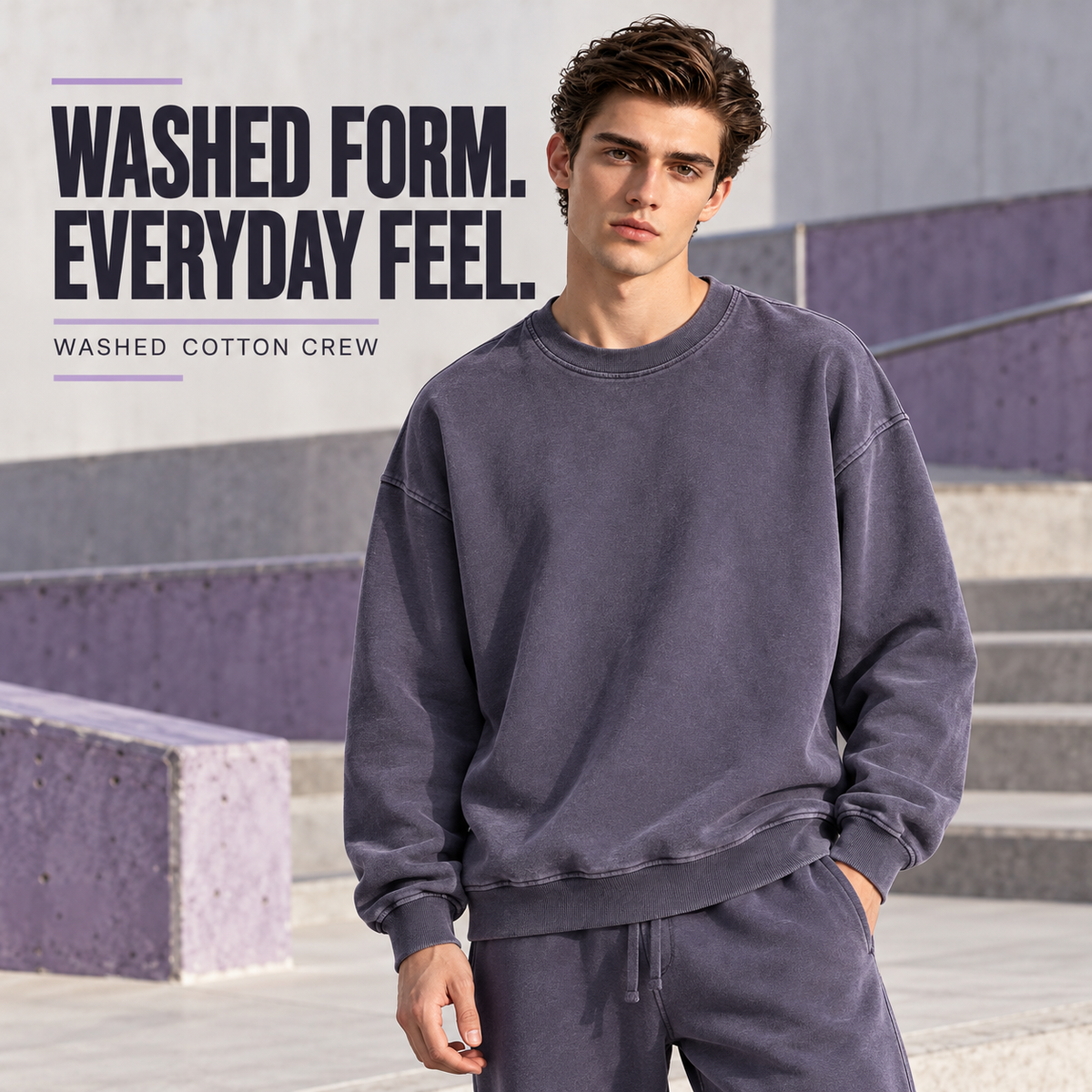 A13142 Grape Purple washed cotton terry crewneck sweatshirt, front styling view
