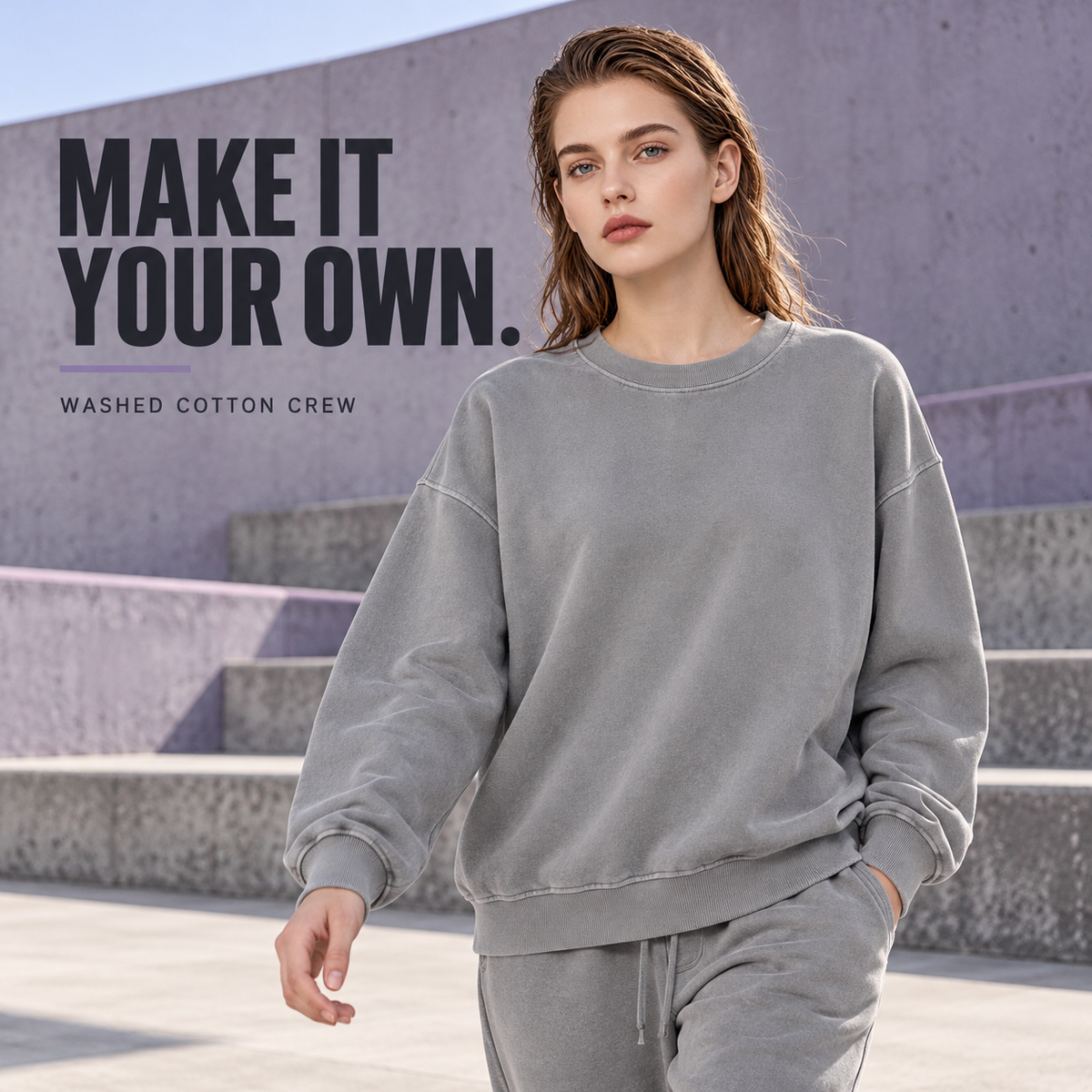 A13142 Medium Grey washed cotton terry crewneck sweatshirt, alternate styling view