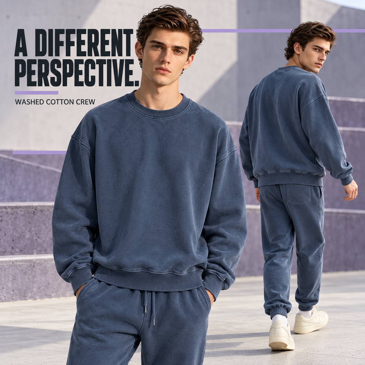A13142 Royal Blue washed cotton terry crewneck sweatshirt, rear or three-quarter styling view