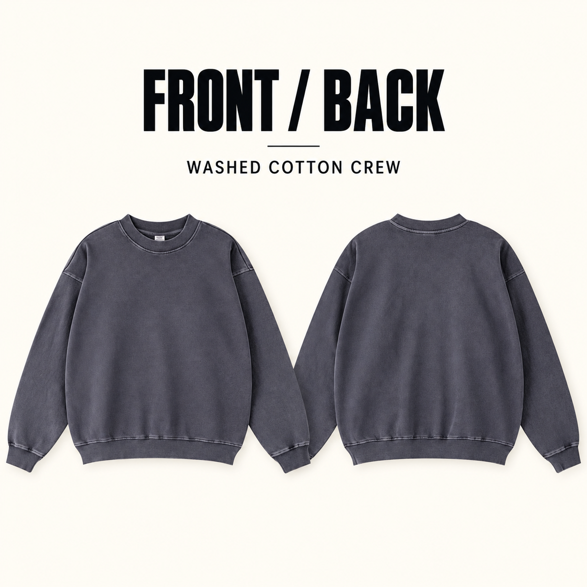 A13142 washed cotton terry crewneck sweatshirt, front and back garment construction