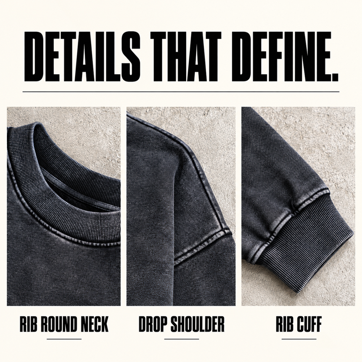 A13142 washed cotton terry crewneck sweatshirt, close-up construction details