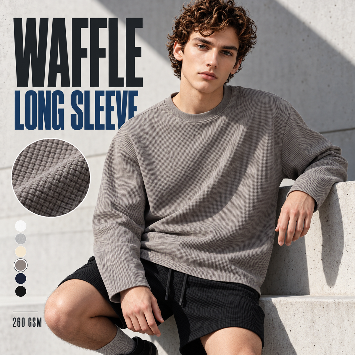 A13162 Oyster Grey relaxed waffle long sleeve t-shirt, front styling view