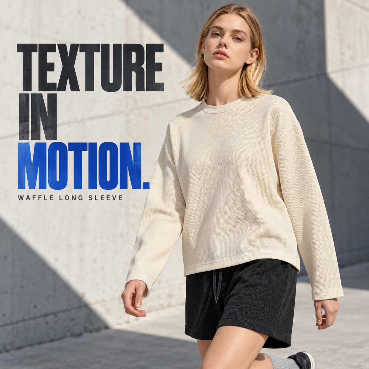 A13162 Cream relaxed waffle long sleeve t-shirt, alternate styling view