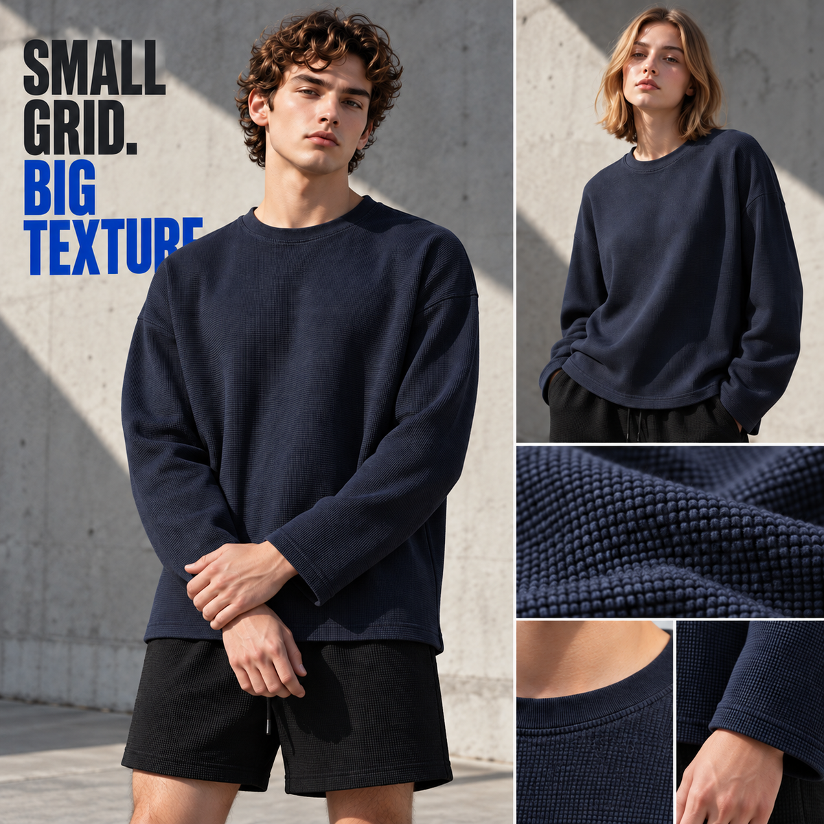 A13162 Navy relaxed waffle long sleeve t-shirt, rear or three-quarter styling view