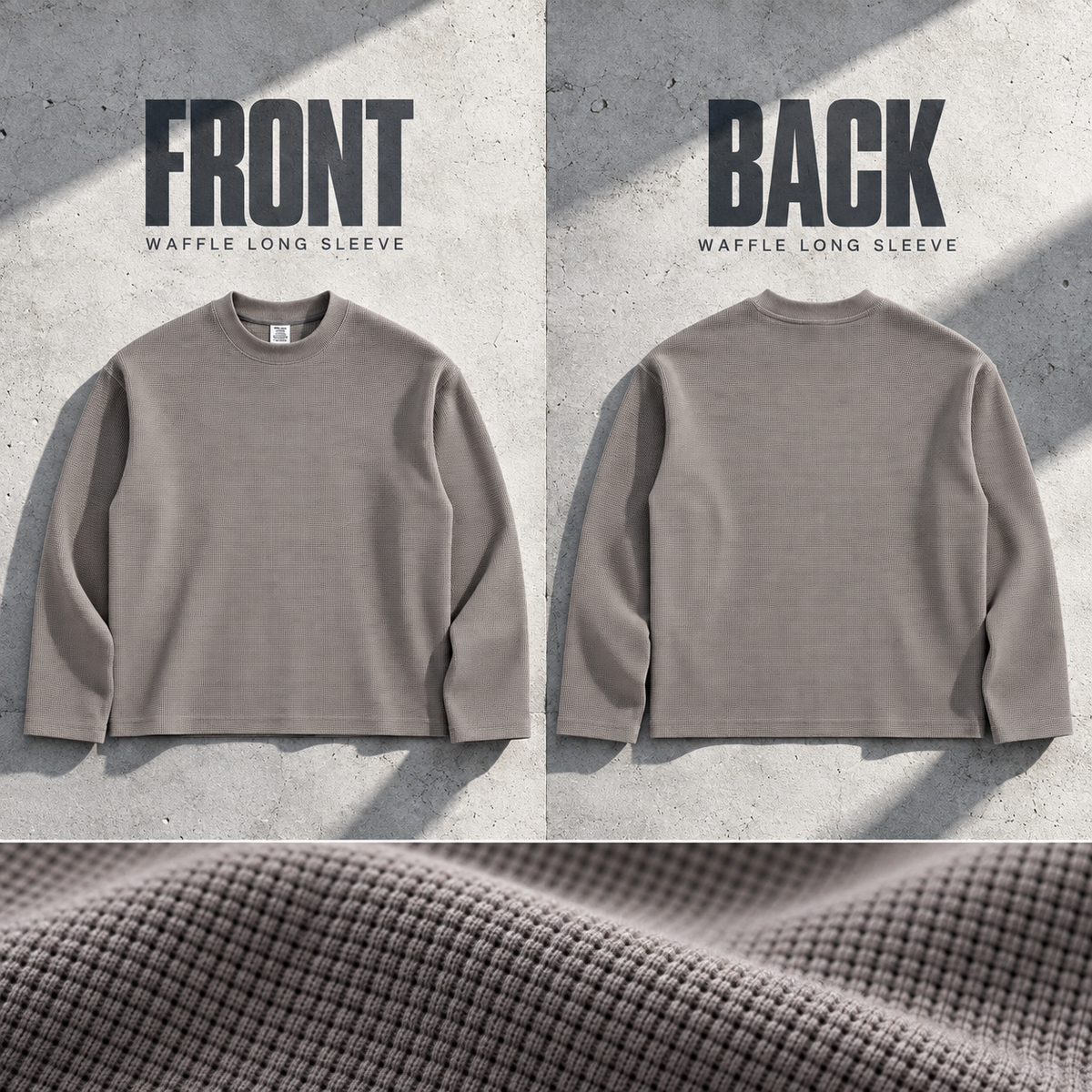 A13162 relaxed waffle long sleeve t-shirt, front and back garment construction