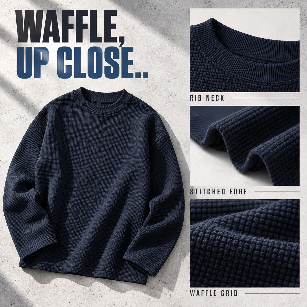 A13162 relaxed waffle long sleeve t-shirt, close-up construction details