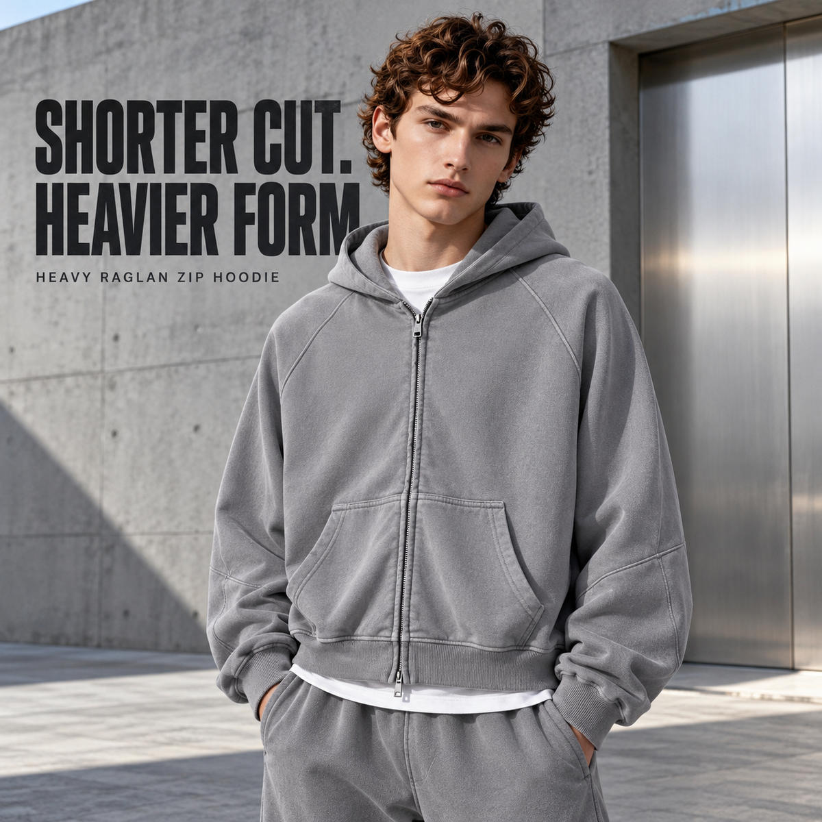 A13552 Medium Grey heavy cotton raglan two-way zip hoodie, front styling view
