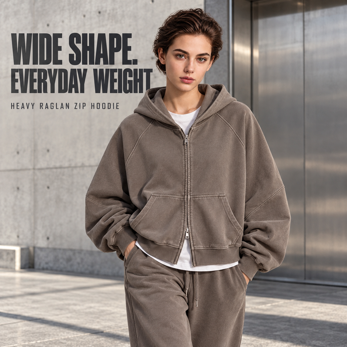 A13552 Coffee heavy cotton raglan two-way zip hoodie, alternate styling view