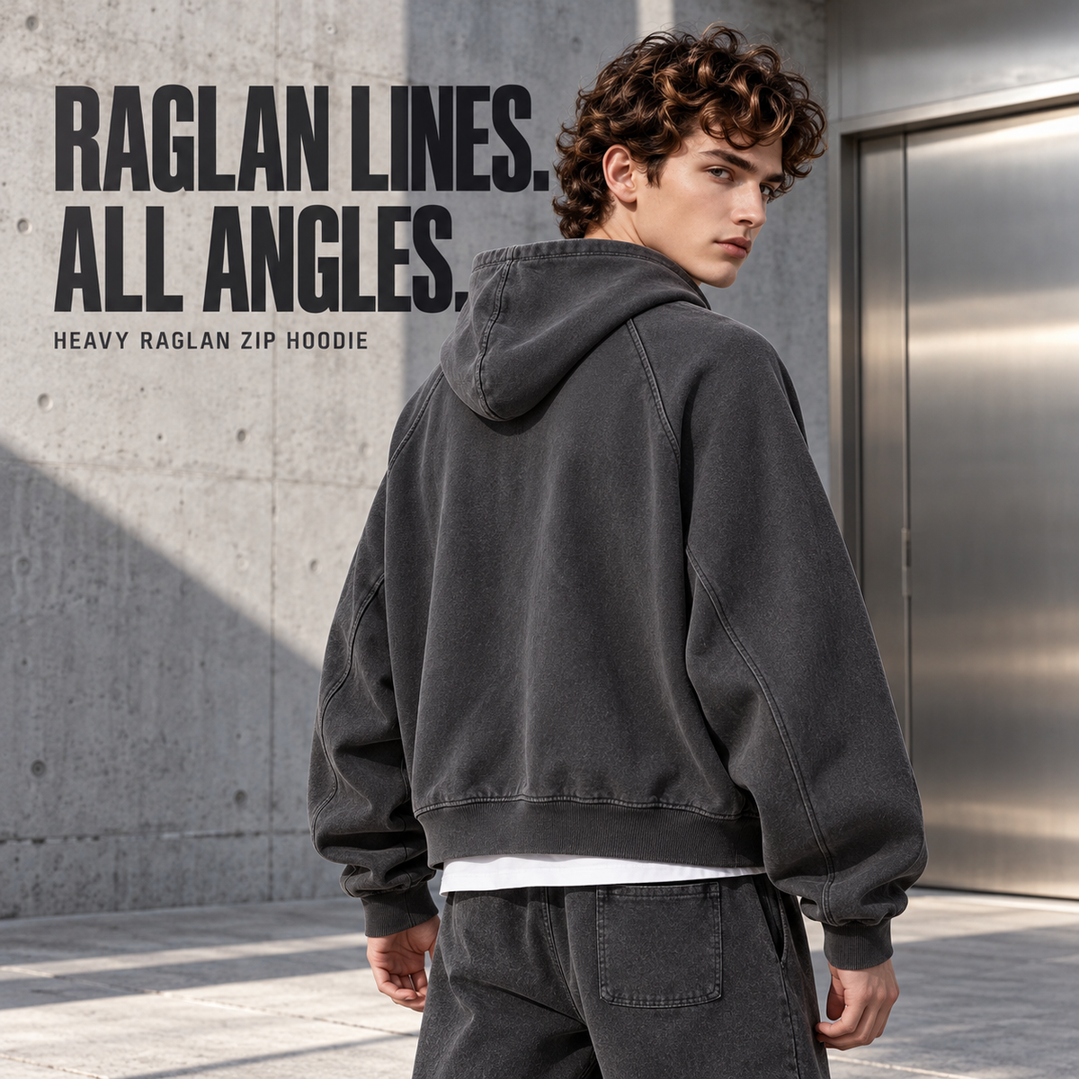 A13552 Dark Grey heavy cotton raglan two-way zip hoodie, rear or three-quarter styling view
