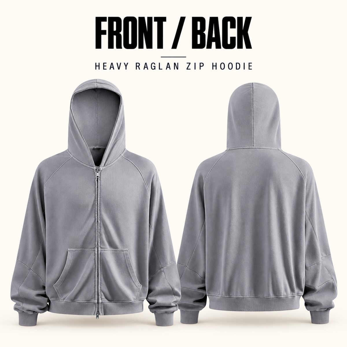 A13552 heavy cotton raglan two-way zip hoodie, front and back garment construction