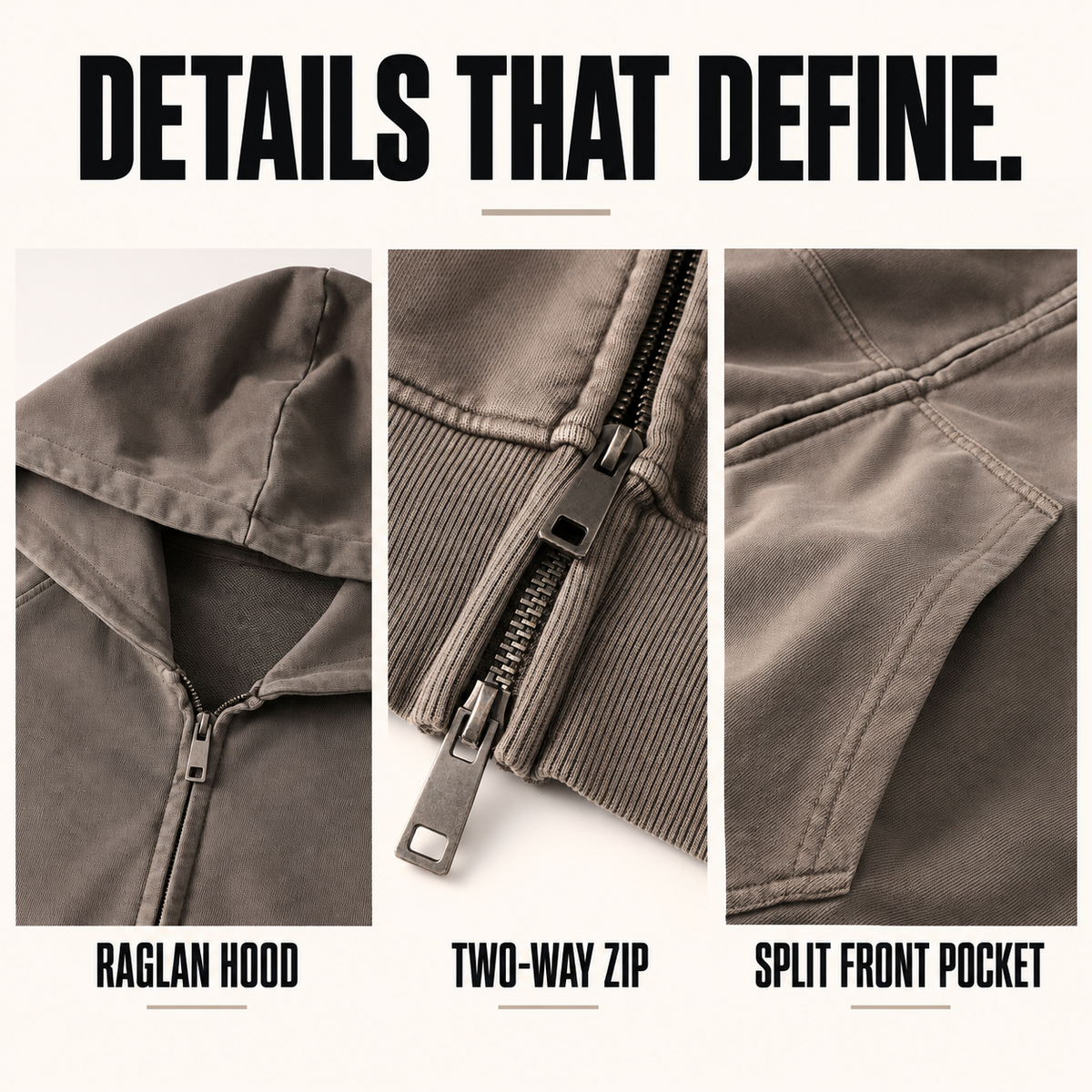 A13552 heavy cotton raglan two-way zip hoodie, close-up construction details