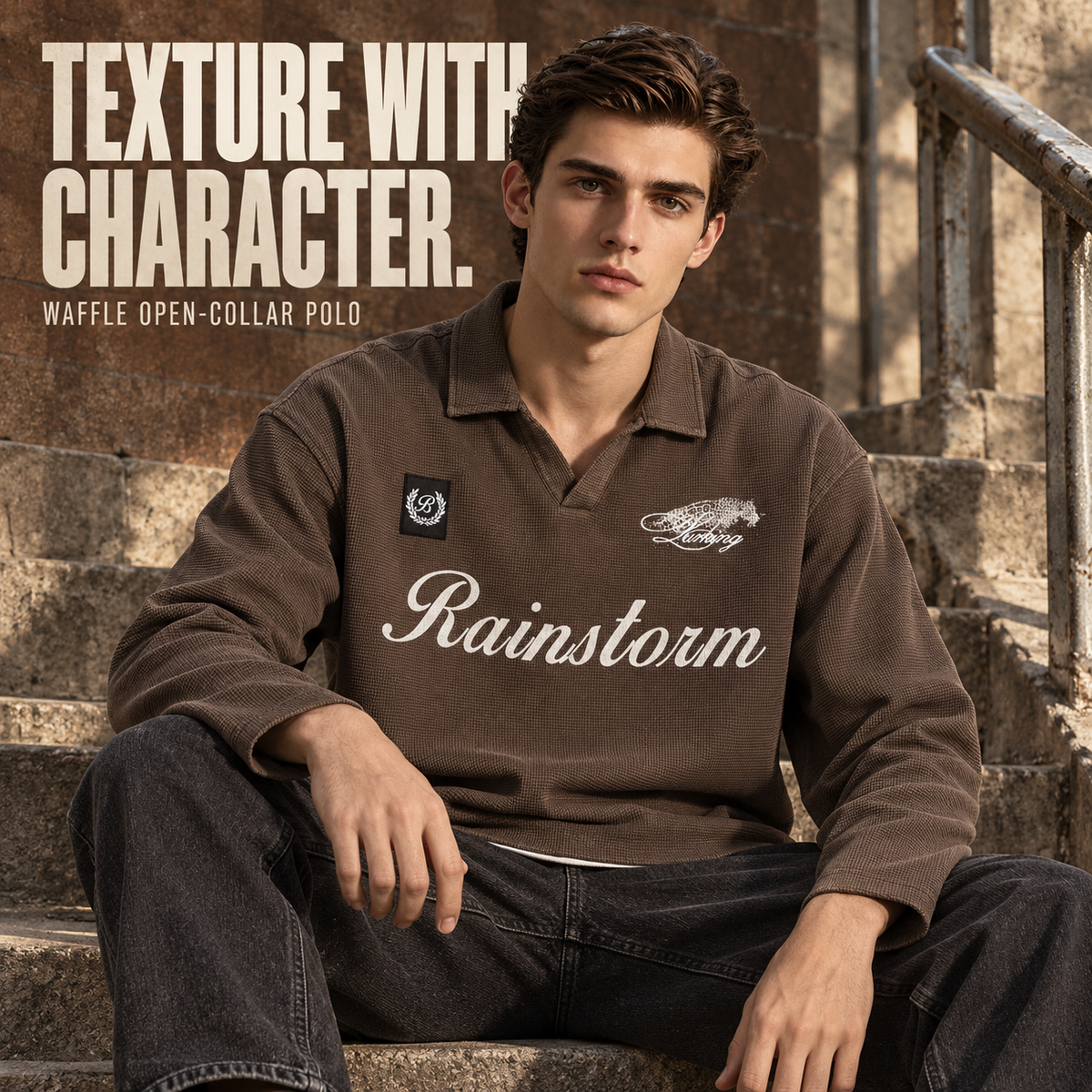 A1368 Brown printed embroidered waffle long sleeve polo, front styling view