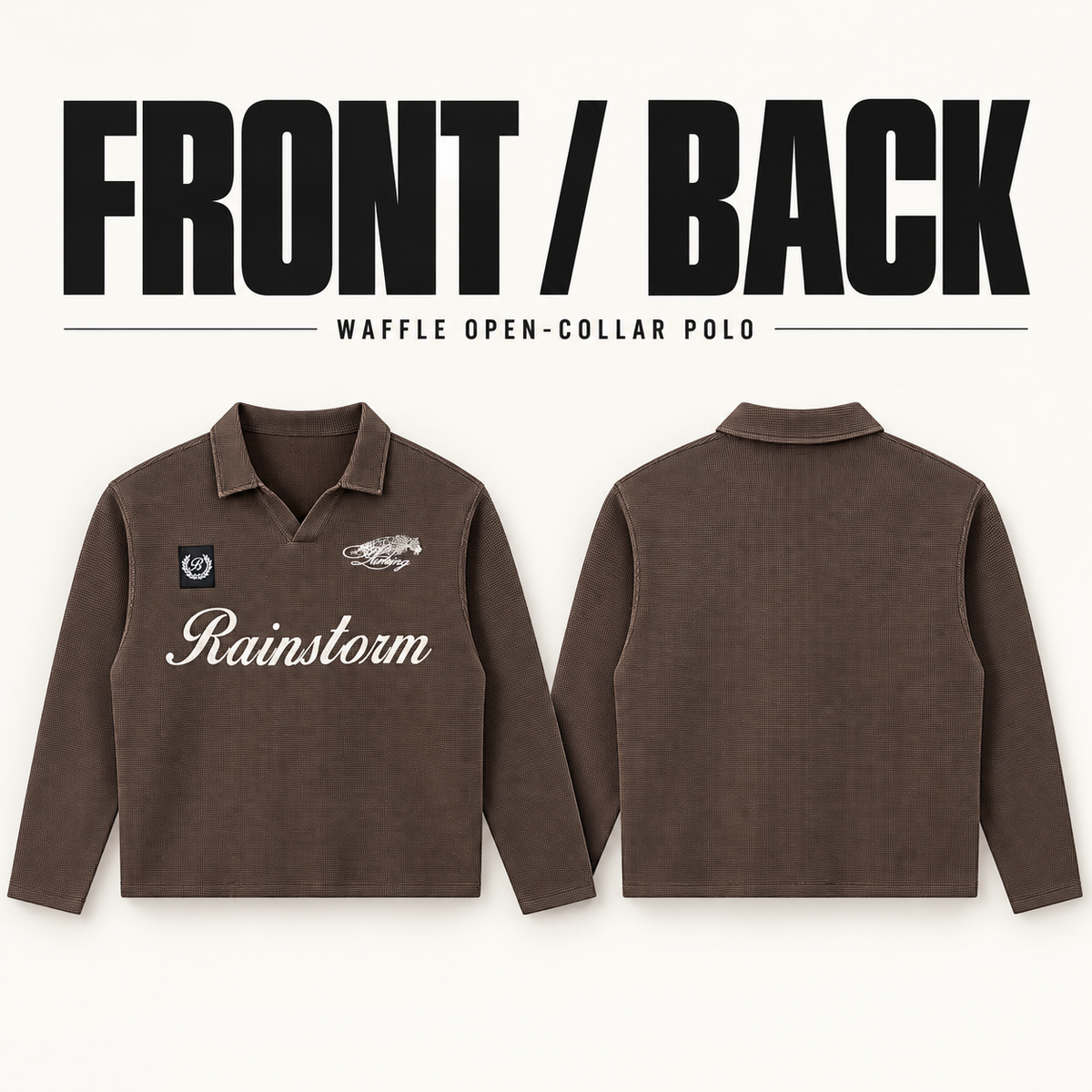 A1368 printed embroidered waffle long sleeve polo, front and back garment construction