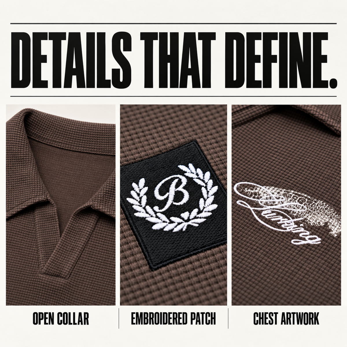 A1368 printed embroidered waffle long sleeve polo, close-up construction details