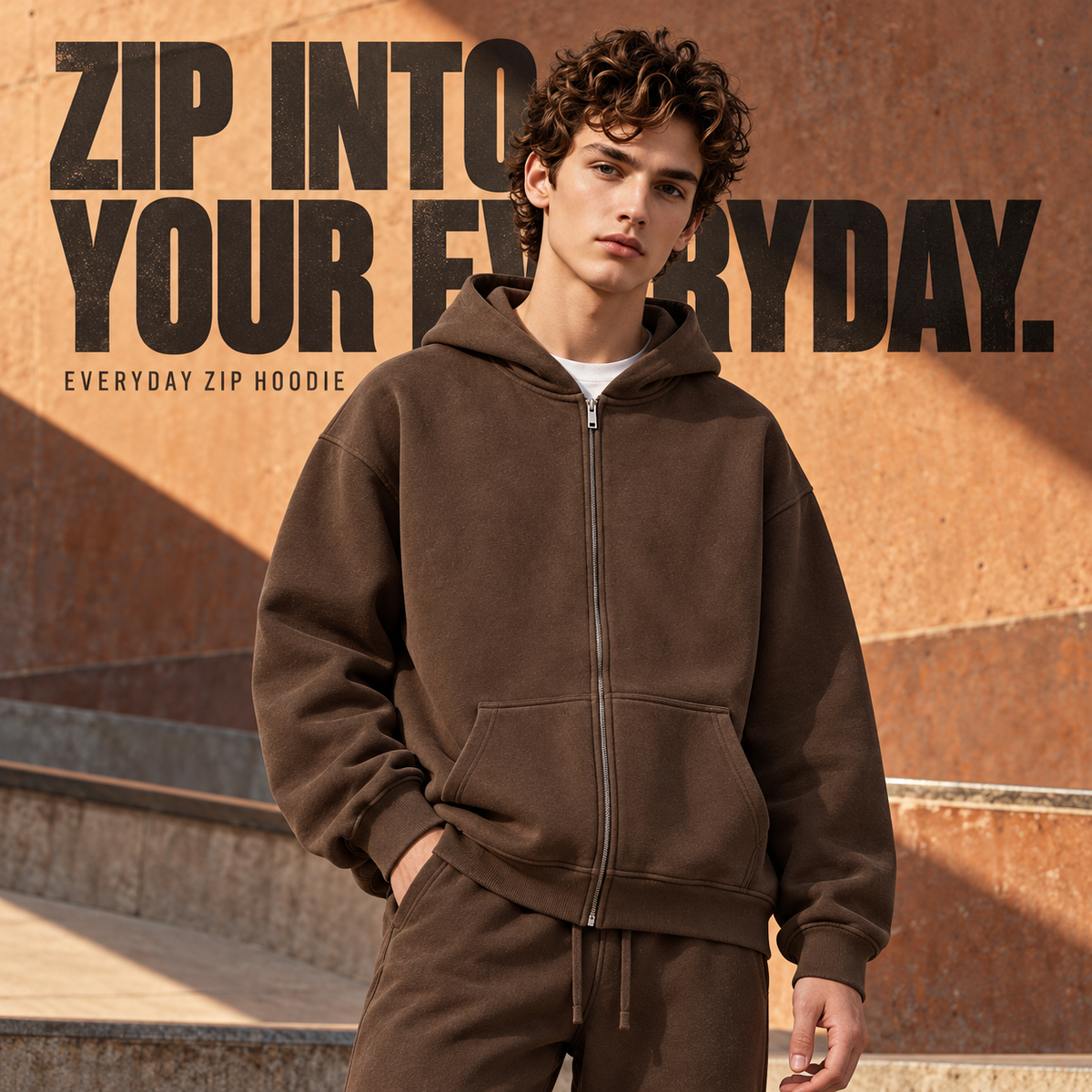 A15142 Brown relaxed fleece full-zip hoodie, front styling view