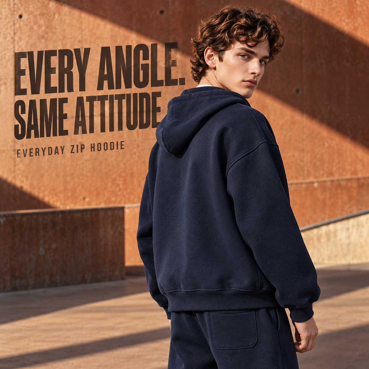 A15142 Midnight Blue relaxed fleece full-zip hoodie, rear or three-quarter styling view