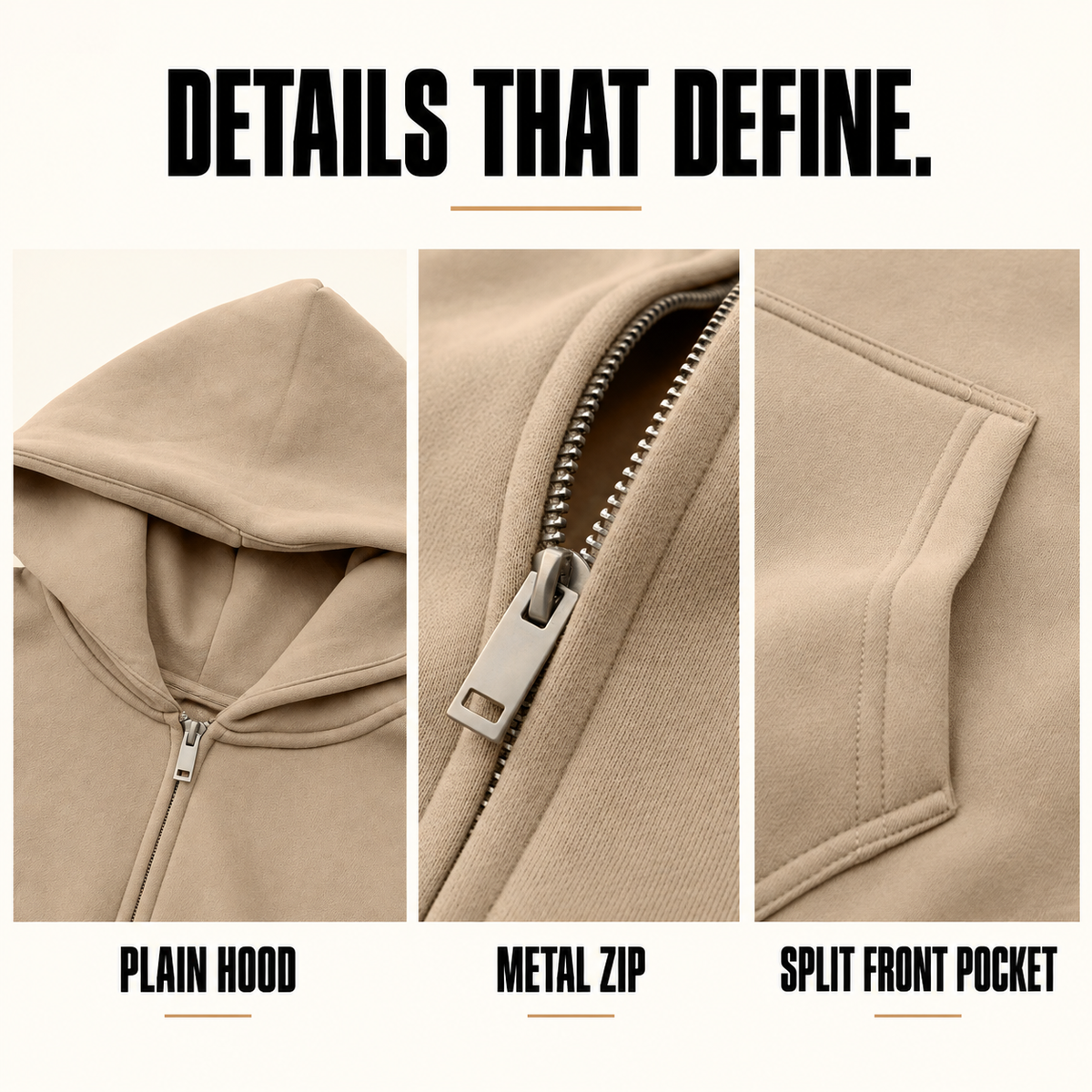 A15142 relaxed fleece full-zip hoodie, close-up construction details