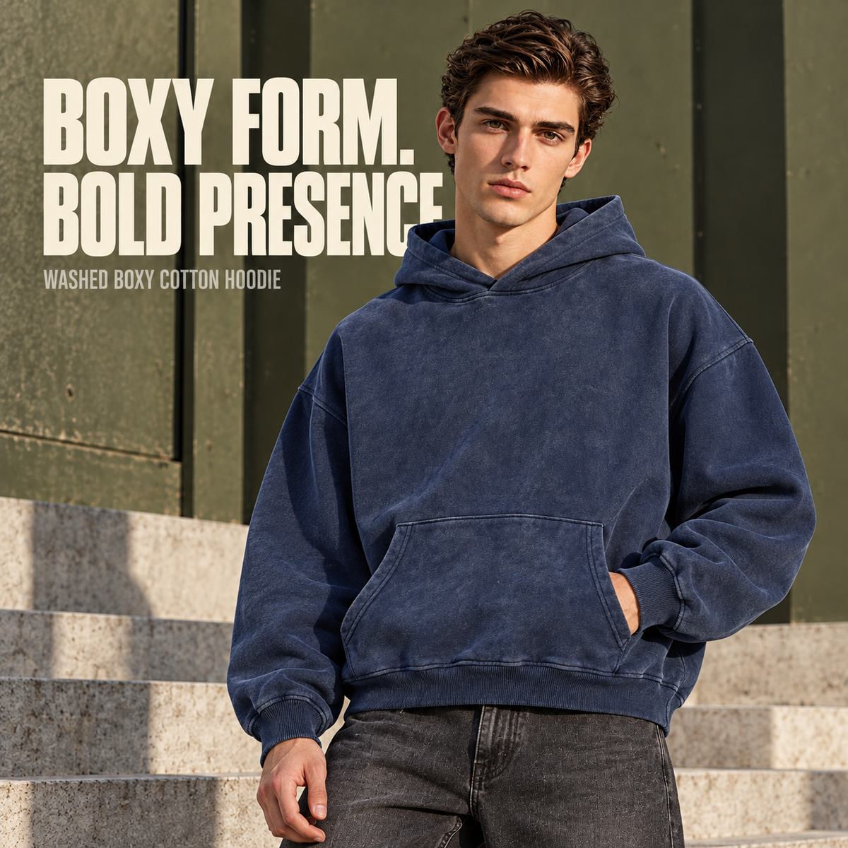 A15362 Royal Blue boxy washed cotton pullover hoodie, front styling view