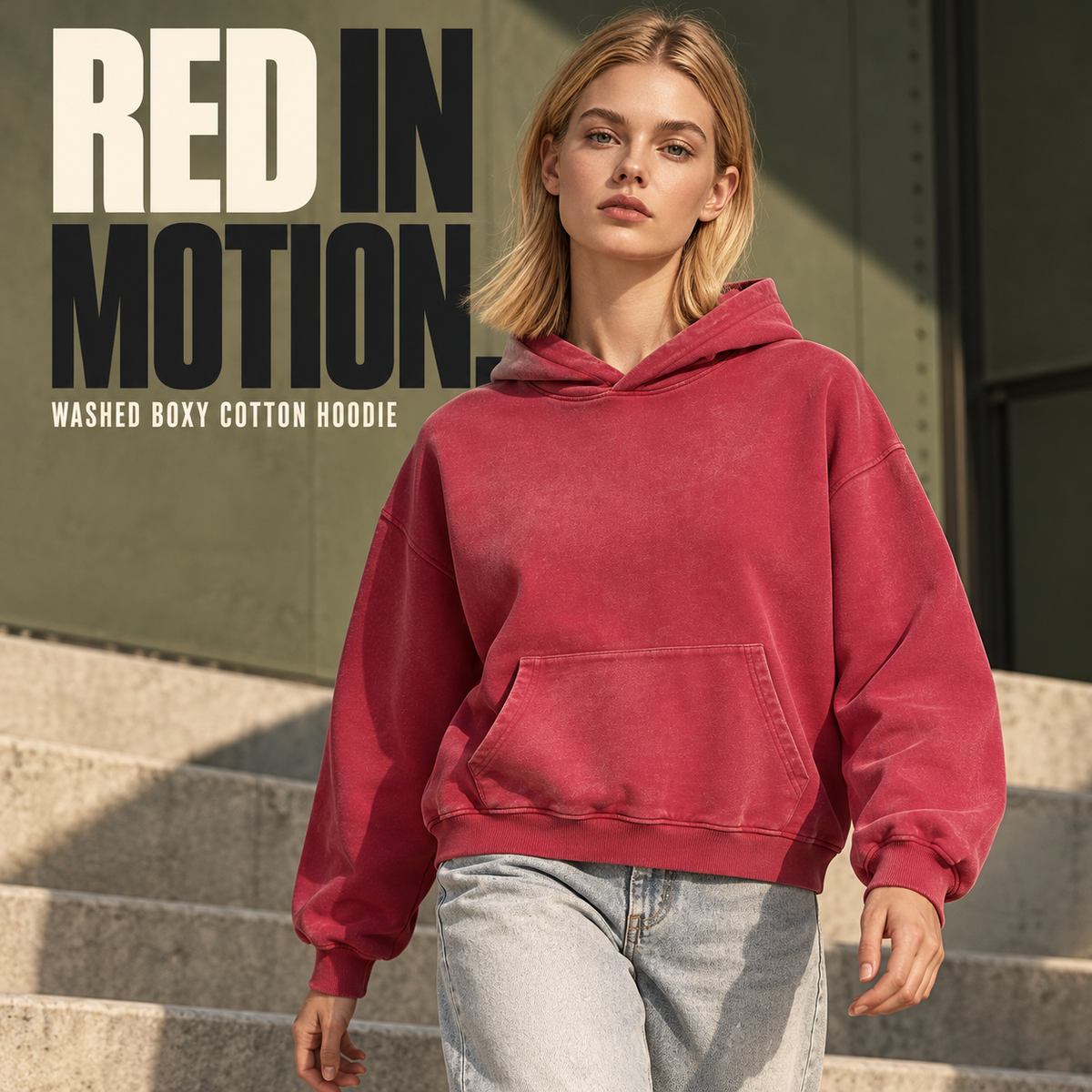 A15362 Red boxy washed cotton pullover hoodie, alternate styling view