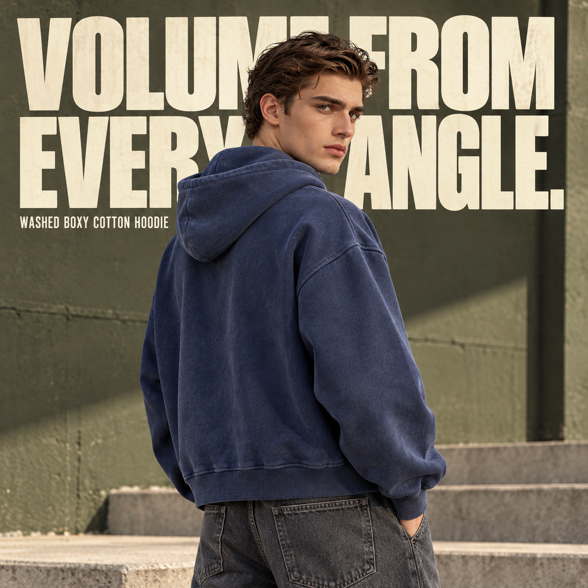 A15362 Royal Blue boxy washed cotton pullover hoodie, rear or three-quarter styling view