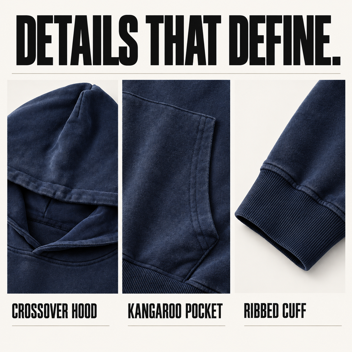 A15362 boxy washed cotton pullover hoodie, close-up construction details