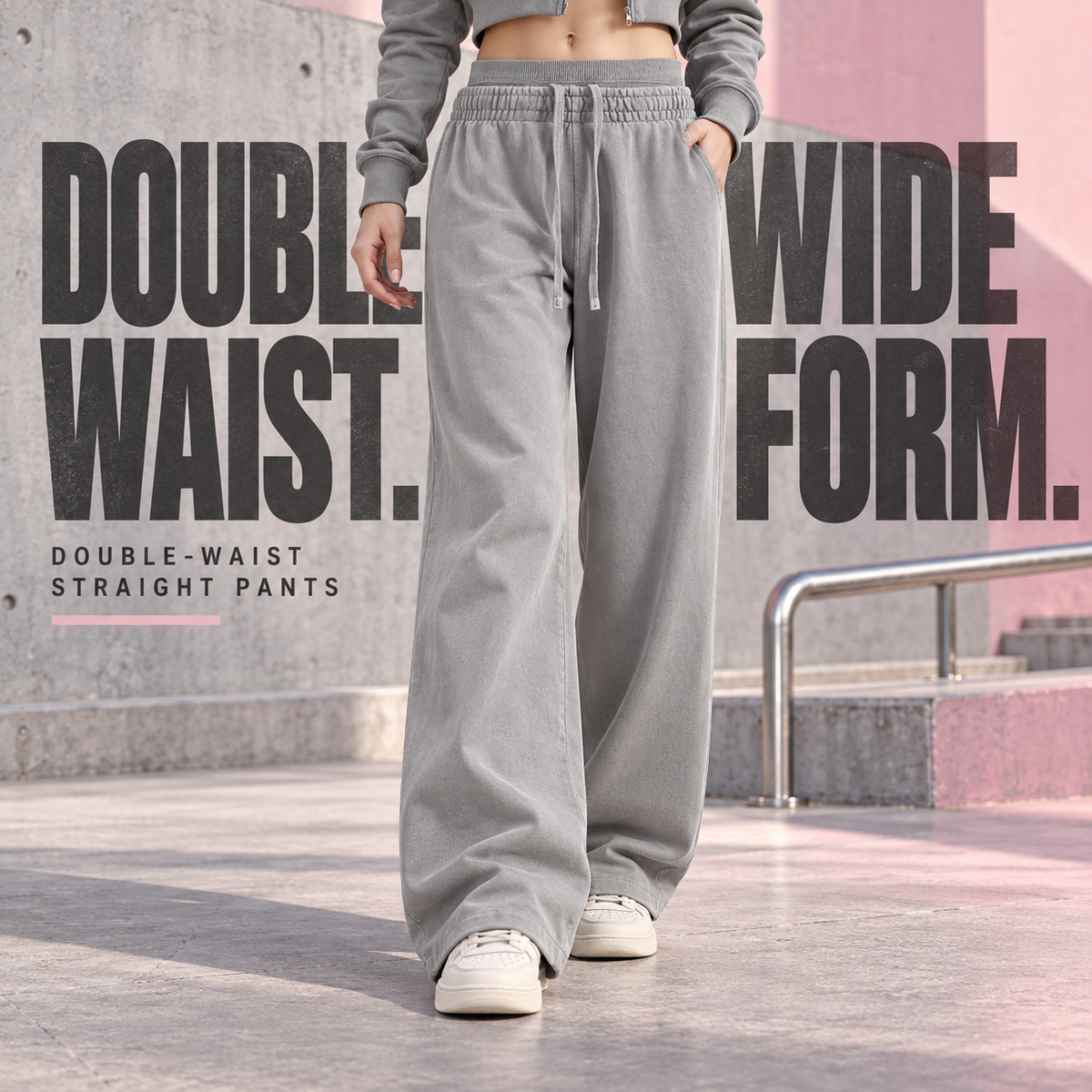 A15552 Medium Grey women's washed double-waist straight-leg pants, front styling view