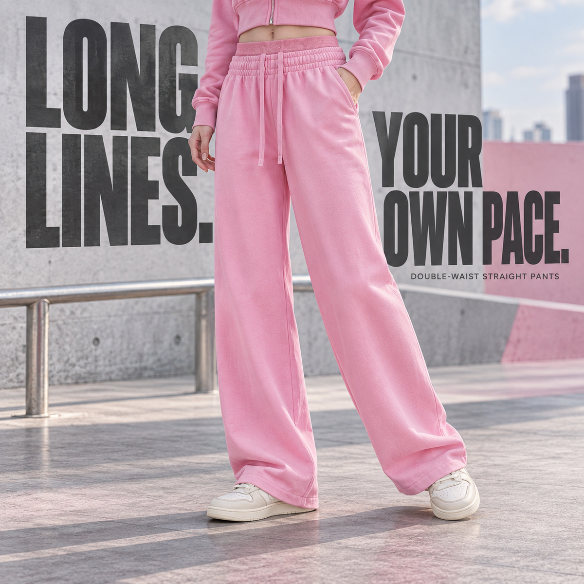 A15552 Rose Pink women's washed double-waist straight-leg pants, alternate styling view