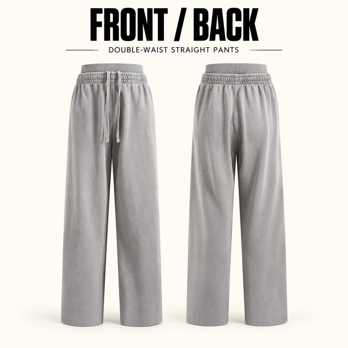 A15552 women's washed double-waist straight-leg pants, front and back garment construction