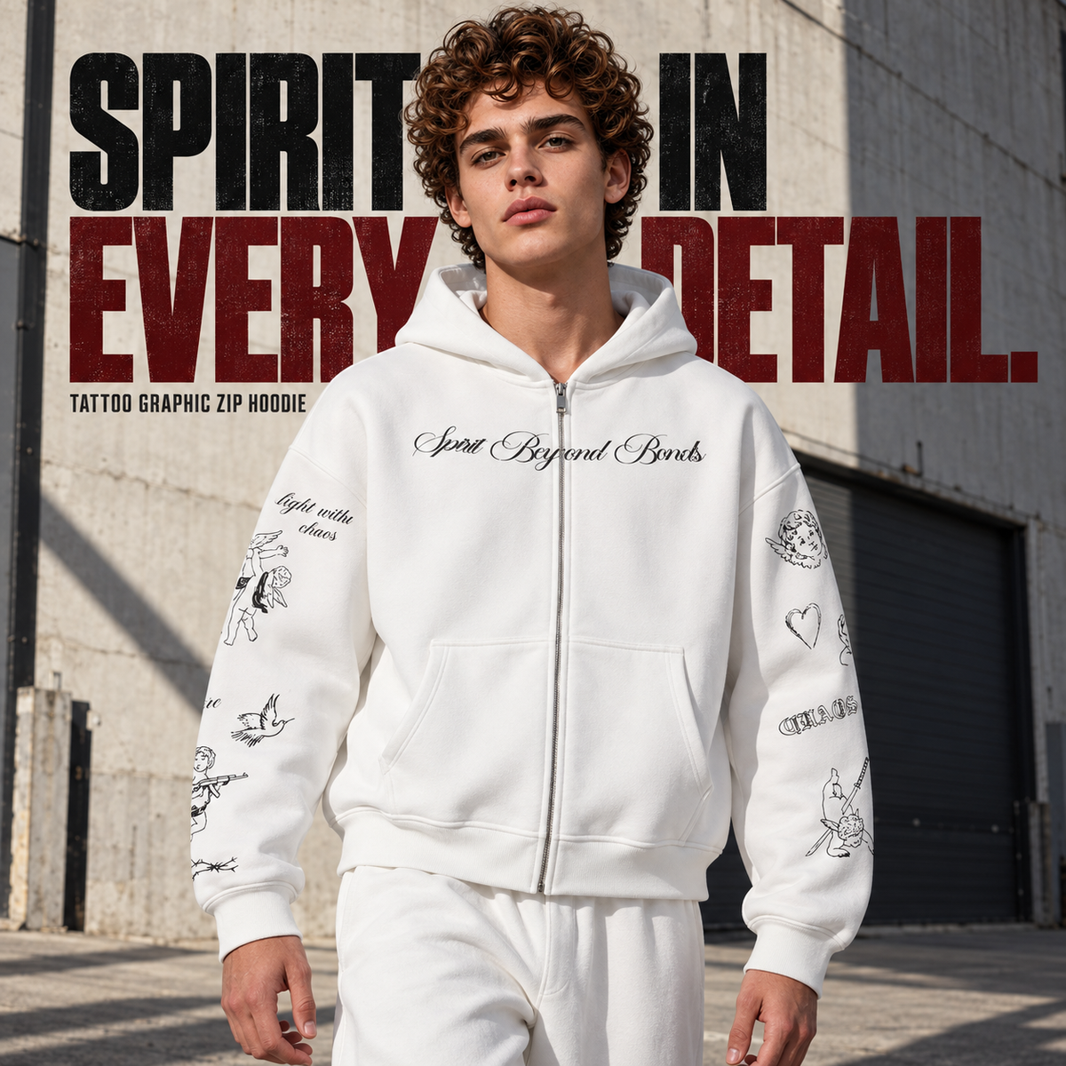 A1568 White tattoo graphic fleece zip hoodie, front styling view