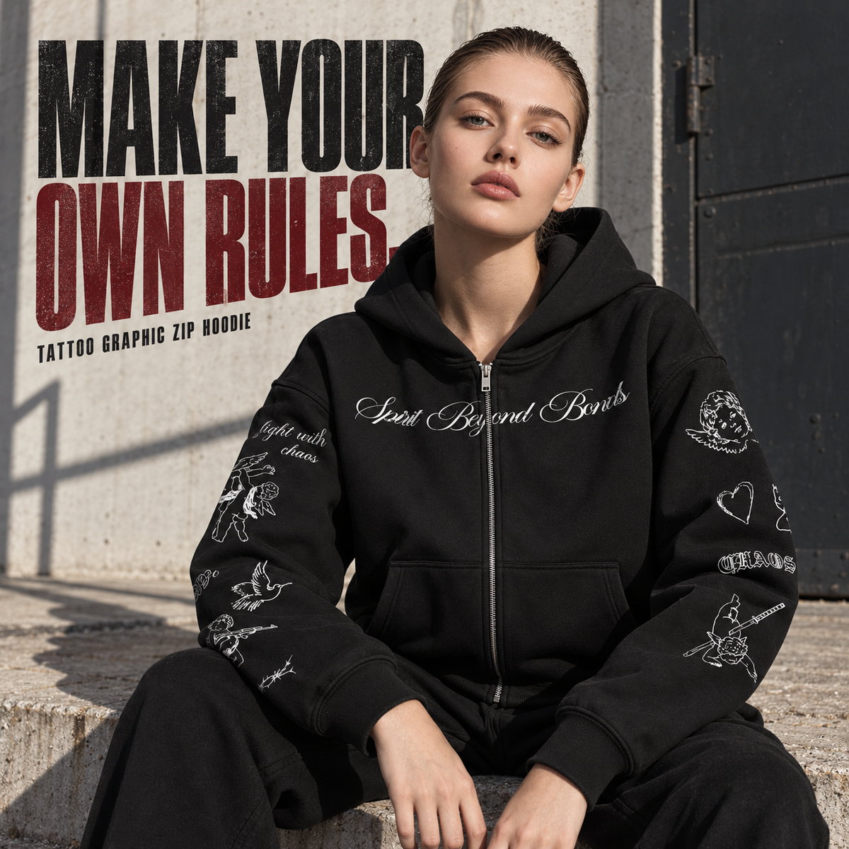 A1568 Black tattoo graphic fleece zip hoodie, alternate styling view