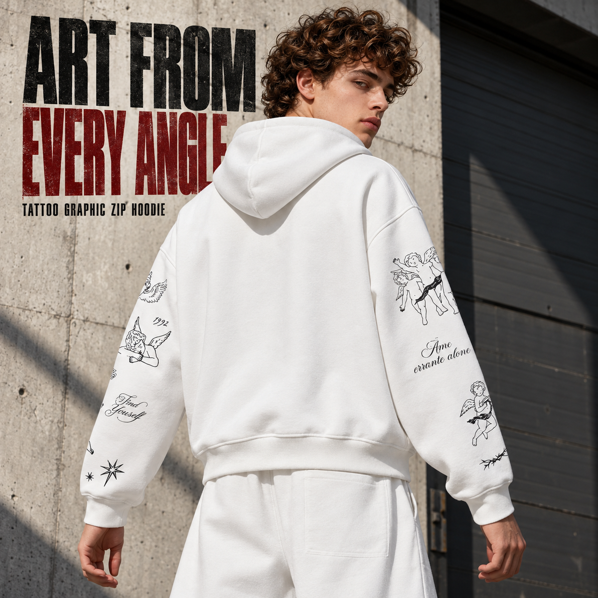 A1568 White tattoo graphic fleece zip hoodie, rear or three-quarter styling view