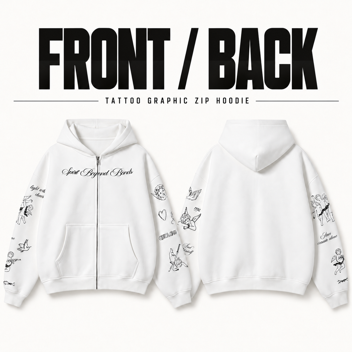 A1568 tattoo graphic fleece zip hoodie, front and back garment construction