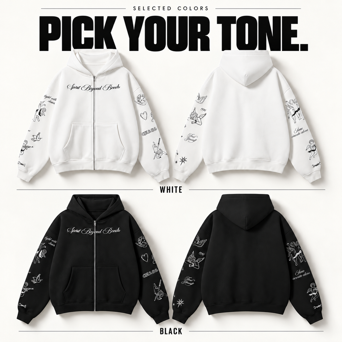 A1568 tattoo graphic fleece zip hoodie, ready-stock color selection