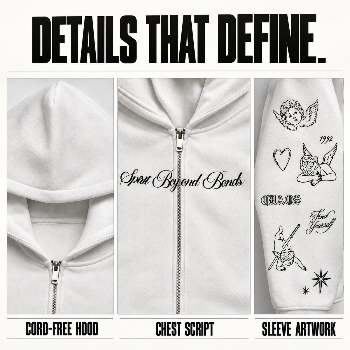 A1568 tattoo graphic fleece zip hoodie, close-up construction details